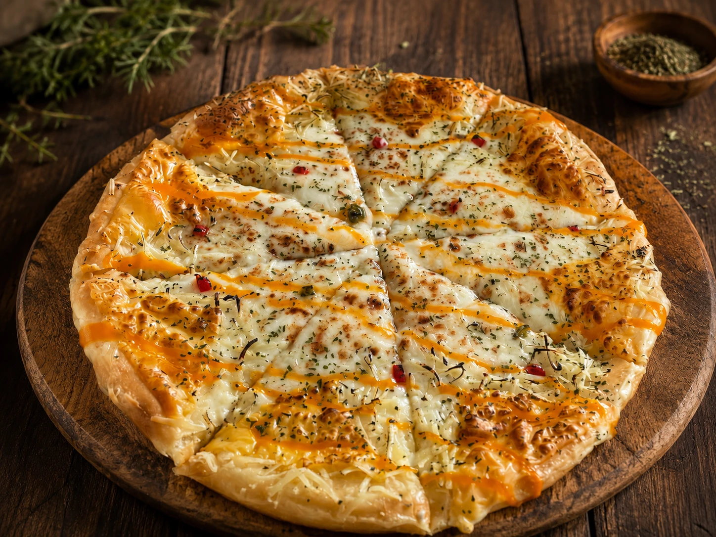 Pizza keju leleh dengan saus madu